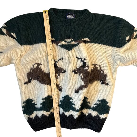 Woolrich Vintage 100% Wool White & Green Reindeer Trees Jacquard Sweater XL - Picture 6 of 8